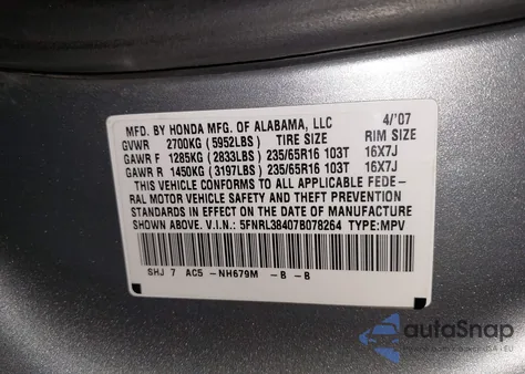 2007 Honda Odyssey Ex from USA, damaged, VIN 5FNRL38407B078264